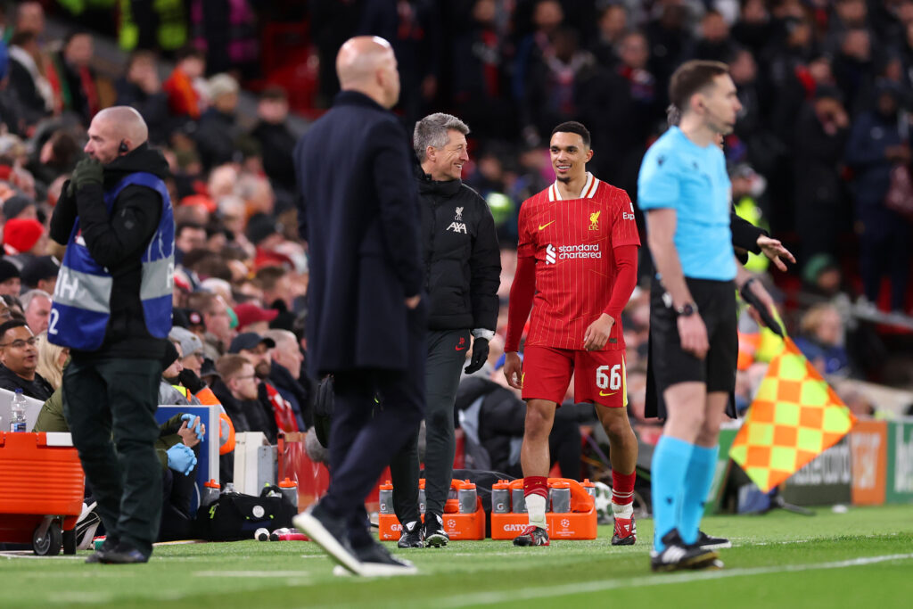 LIVERPOOL, ENGLAND - MARCH 11: Trent Alexander-Arnold of Liverpool reacts, after leaving the pitch with an injury during the UEFA Champions League 2024/25 Round of 16 Second Leg match between Liverpool FC and Paris Saint-Germain at Anfield on March 11, 2025 in Liverpool, England. (Photo by Julian Finney/Getty Images)