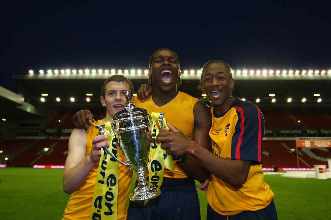 LIVERPOOL, ENGLAND - MAY 26: (L-R) Arsenals Jack Wilshere, Jay Emmanuel Thomas and Sanchez Watt celebrate winning the FA Youth Cup during the secon...