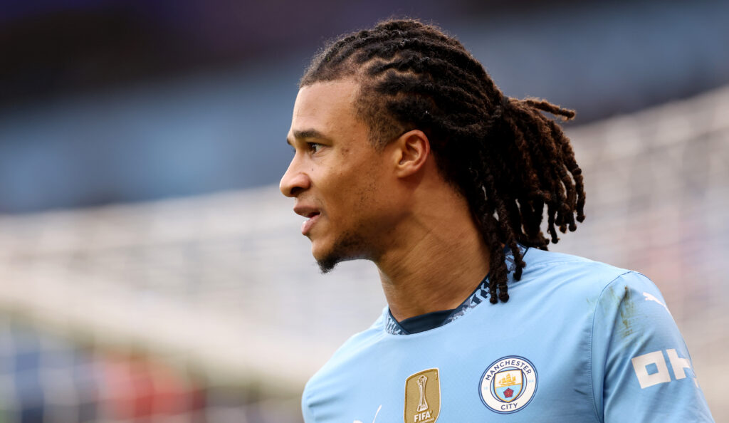 MANCHESTER, ENGLAND - DECEMBER 26: Nathan Ake of Manchester City during the Premier League match between Manchester City FC and Everton FC at Etihad Stadium on December 26, 2024 in Manchester, England. (Photo by Carl Recine/Getty Images)