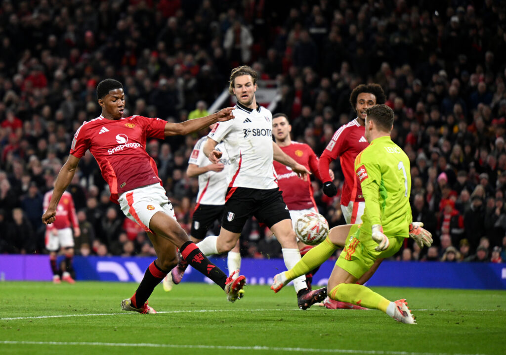 MANCHESTER, ENGLAND - MARCH 02: Chido Obi-Martin of Manchester United shoots on goal whilst under pressure from Bernd Leno of Fulham during the Emirates FA Cup Fifth Round match between Manchester United and Fulham at Old Trafford on March 02, 2025 in Manchester, England. (Photo by Justin Setterfield/Getty Images)