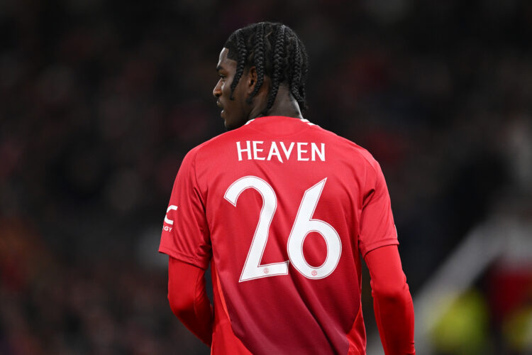 MANCHESTER, ENGLAND - MARCH 13: Ayden Heaven of Manchester United during the UEFA Europa League 2024/25 Round of 16 Second Leg match between Manche...