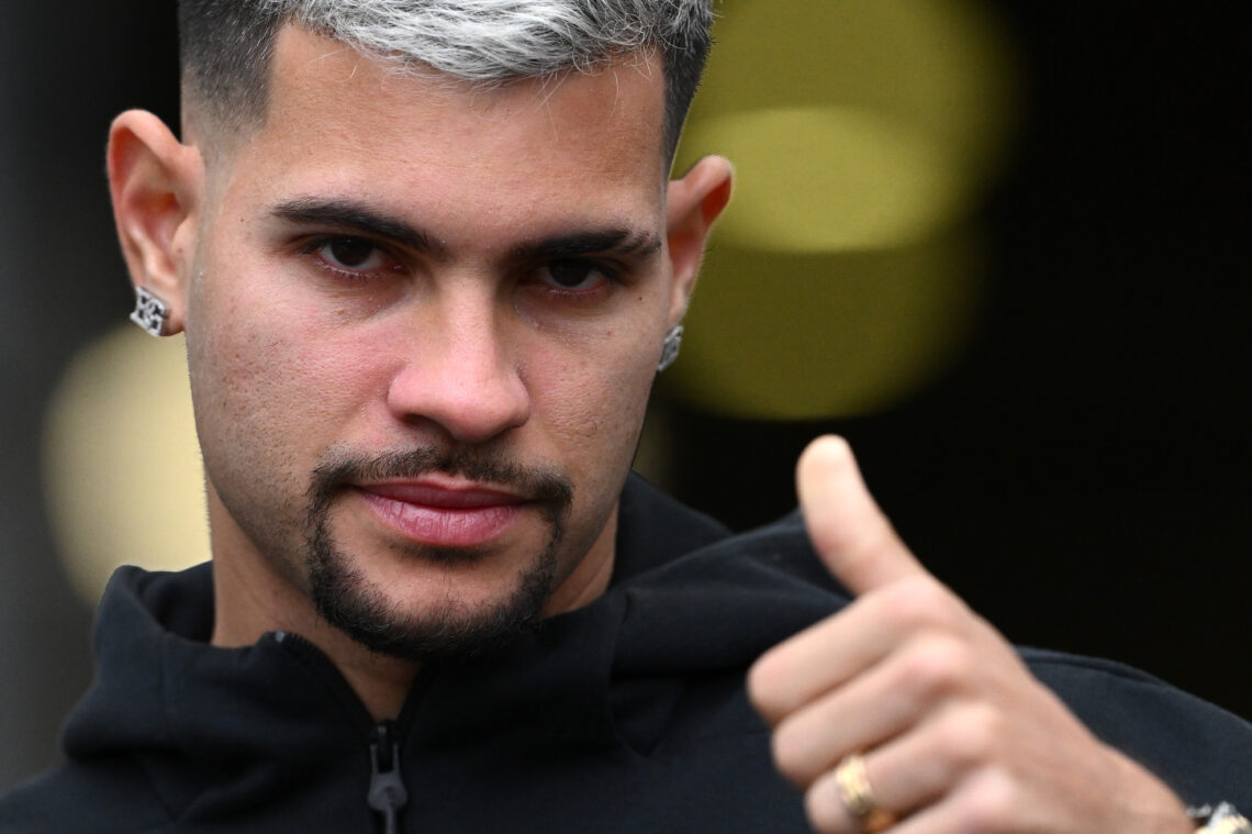NEWCASTLE UPON TYNE, ENGLAND - NOVEMBER 02: Bruno Guimaraes of Newcastle United smiles as he arrives at the ground prior to the Premier League matc...