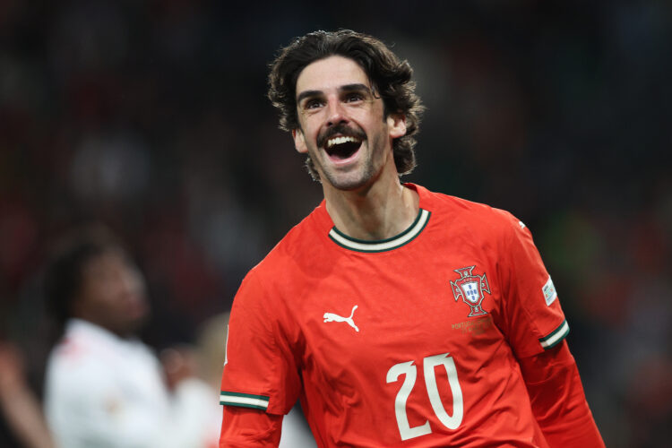 LISBON, PORTUGAL - MARCH 23: Francisco Trincao of Portugal celebrates scoring his team's third goal during the UEFA Nations League Quarterfinal Leg...