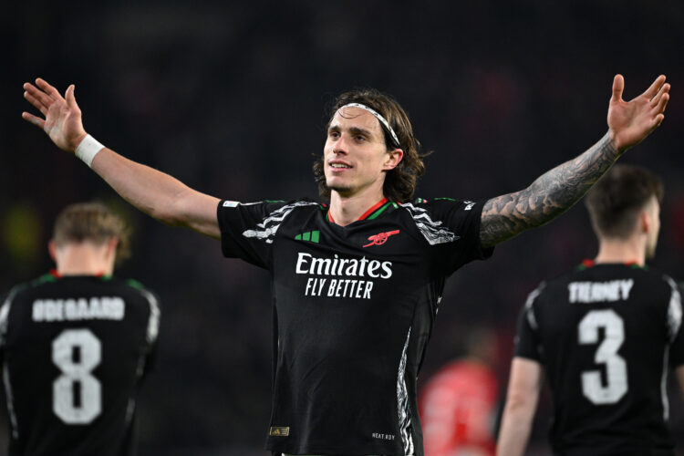 EINDHOVEN, NETHERLANDS - MARCH 04: Riccardo Calafiori of Arsenal celebrates scoring his team's seventh goal during the UEFA Champions League 2024/2...