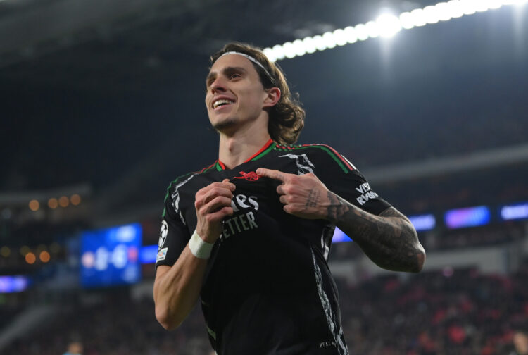 EINDHOVEN, NETHERLANDS - MARCH 04: Riccardo Calafiori of Arsenal celebrates scoring his team's seventh goal during the UEFA Champions League 2024/2...