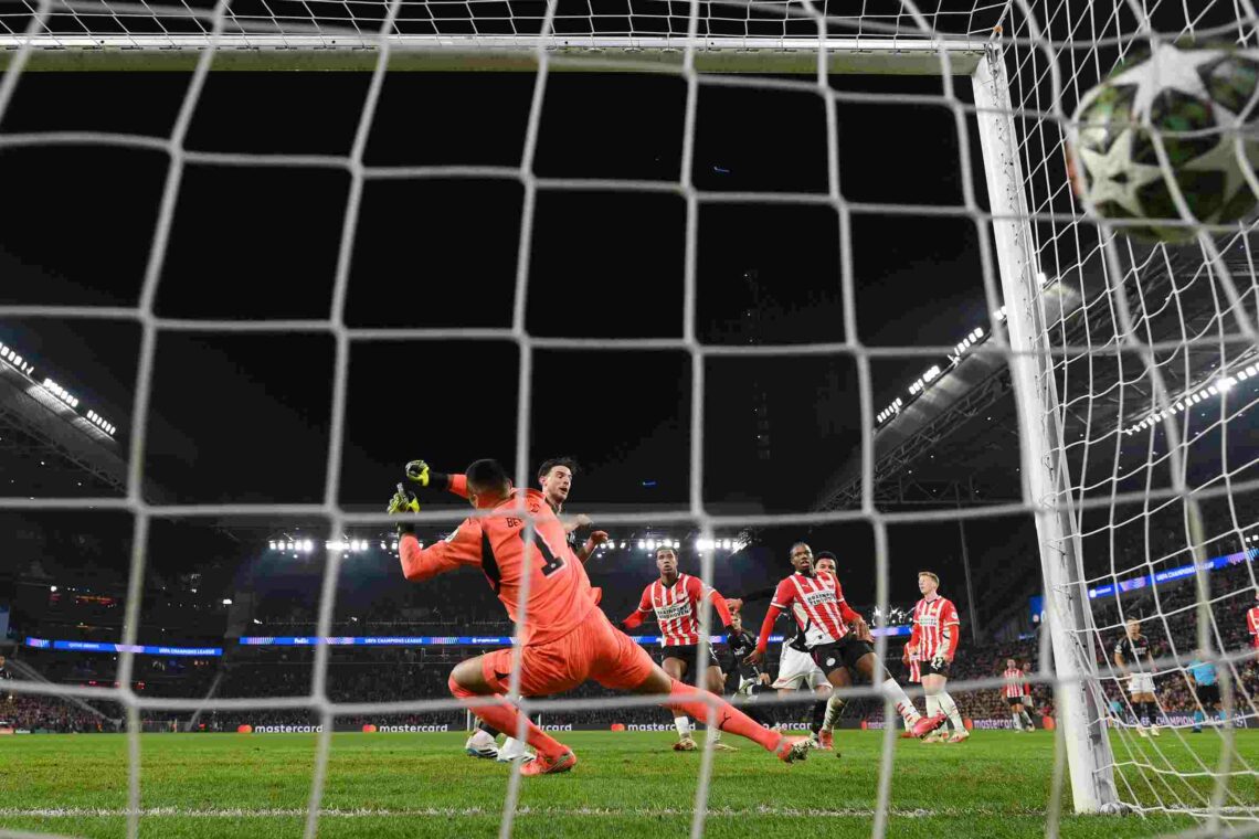 EINDHOVEN, NETHERLANDS - MARCH 04: Walter Benitez of PSV Eindhoven fails a save a shot from Ethan Nwaneri of Arsenal as he scores his teams second ...