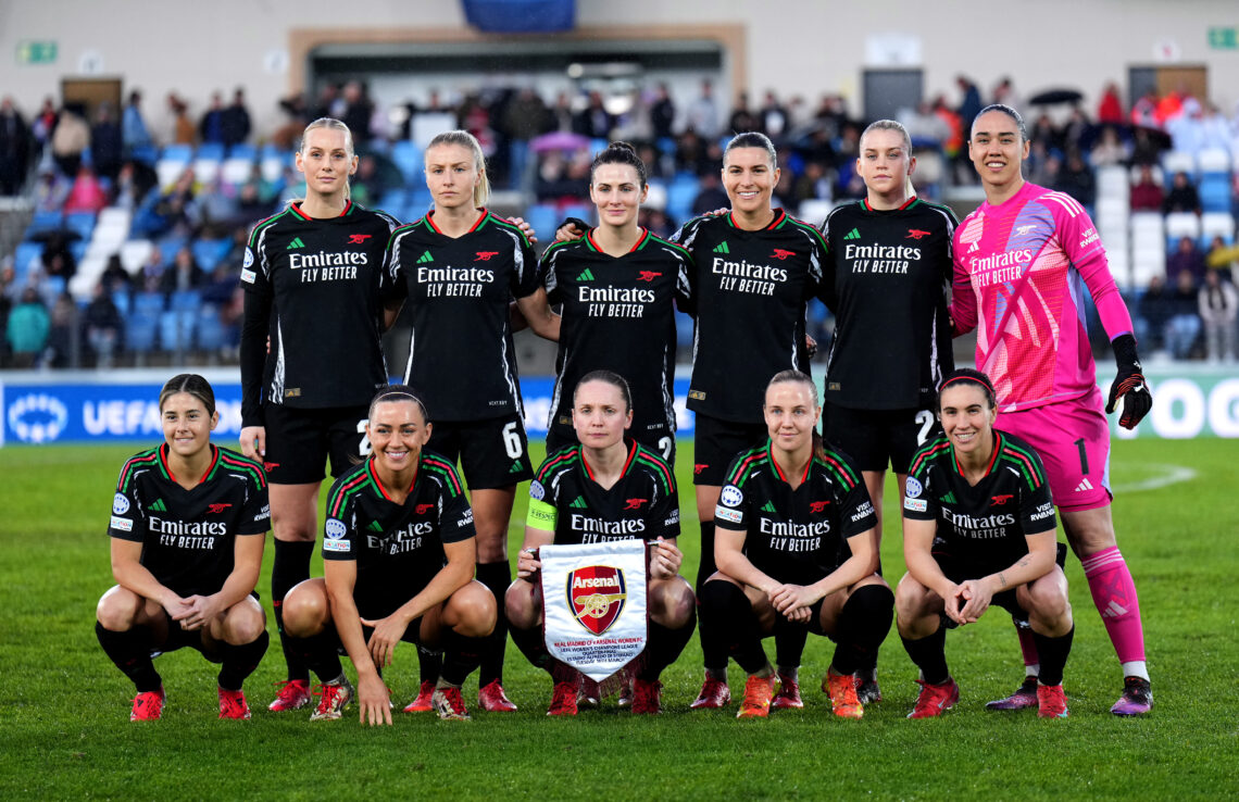 MADRID, SPAIN - MARCH 18: Arsenal FC players pose for a team photo on the pitch prior to the UEFA Women's Champions League Quarter Finals First Leg...