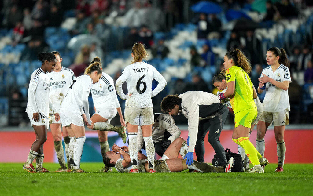 Ian Wright slams Real Madrid pitch 4 MADRID, SPAIN - MARCH 18: Melanie Leupolz of Real Madrid requires medical attention after becoming injured during the UEFA Women's Champions League Quarter Finals First Leg match between Real Madrid CF and Arsenal FC at Estadio Alfredo Di Stefano on March 18, 2025 in Madrid, Spain. (Photo by Angel Martinez/Getty Images)