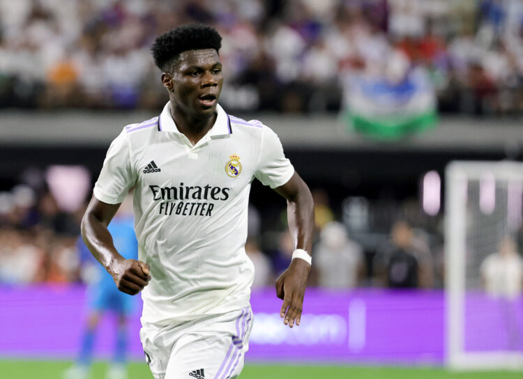 LAS VEGAS, NEVADA - JULY 23: Aurélien Tchouaméni #18 of Real Madrid runs on the pitch during a preseason friendly match against Barcelona at Allegi...