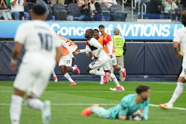 INGLEWOOD, CALIFORNIA: Cecilio Waterman #18 of Panama celebrates after scoring a goal against the United States during the second half of a CONCACA...
