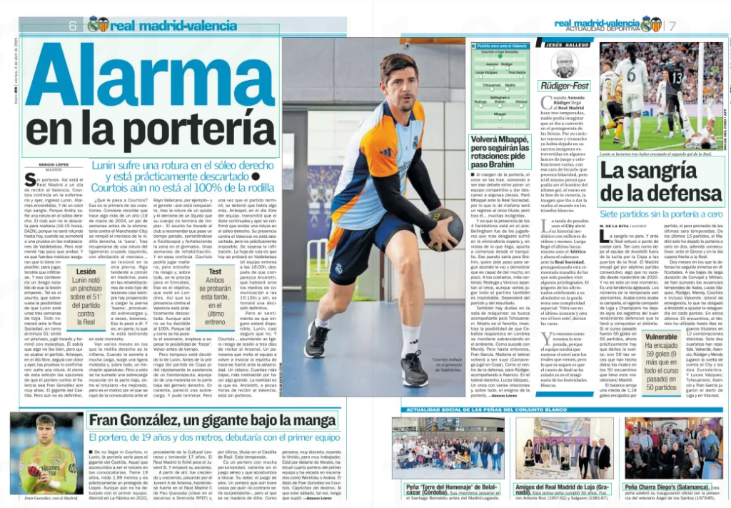 Real Madrid face goalkeeping crisis before Arsenal game 3 Alarm at the goal Lunin suffers a tear in the right soleus and is practically ruled out Courtois is still not 100% of the knee AS (Aragón)4 Apr 2025 No goalkeepers. This is how Real Madrid is one day away from hosting Valencia. Courtois is still in the infirmary and yesterday, Lunin was admitted. Alarms are on. And of a blood-red color. Because Andriy suffers a rupture in the right soleus. The club has not yet ruled him out for tomorrow (16:15 hours, DAZN), because he will not be resounding until today, when he will undergo a test at the Valdebebas facilities. But there really is little to prove. And it is that medical sources assure that he has it impossible: to play, he would have to infiltrate. And that would carry a noticeable risk of the injury getting worse. Such is the matter, that the possibility of Lunin being about three weeks off flies over. It all started against Real Sociedad, around the 51st minute: he felt a puncture, played touched and ended up with discomfort. He knew something wasn't right, but he wanted to finish the game. The day before yesterday, on the day off, he was still in pain and yesterday, the tests confirmed it: he suffers a tear. At the end of this edition, the chances that the goalkeeper against Valencia will be Fran González are very high. The giant of Castile. But it's not final yet. What's the matter with Courtois? That is the first of the issues. It should be remembered that just over a year ago (March 19, 2024, a couple of weeks before the tie against Manchester City) the meniscus in his right knee, the ‘healthy’ one, ruptured. After recovering from a torn left cruciate ligament, affecting the meniscus... he injured his other leg. Something that tends to be common in medicine, because in the rehabilitation of this type of injury there is almost always a propensity to load the ‘good’ leg, causing overloads and, sometimes, injuries. That happened to him. And that's partly what's holding him back at the moment. There are several months in which his right knee becomes inflamed. When you put it under a lot of load, a slight discomfort arises and, above all, a bulky swelling. But to this has been added a muscular overload in the lower part, between the patellar – he has improved, but it is the reason why he fell out of the call before the Injury Lunin noticed a puncture on the 51’ of the match against Real Rayo Vallecano, for example - and the twin - is still limping, after the rupture of a cyst and the spillage of a liquid that his body does not finish cleaning–. The issue has led the club to recommend that he spend some time standing, undergoing physiotherapy and strengthening the zone in the gym. A few weeks of rehabilitation. And in those it continues. Courtois could play tomorrow, but it would involve risk and, above all, he is prioritized for the Emirates. That's the goal, to be in London. So his presence against Valencia is practically ruled out. Although it has not yet been decided 100%. Because as the scenario has been set, he begins to weigh the possibility of ’forcing'. To return early. But it's not decided about Lunin either. Before the extra time of the Cup match he quickly requested the assistance of a physiotherapist, suffering from a discomfort in the lower part of the right twin. In hot, it seemed like an overload. And he was able to finish. But once the match was over, it was detected that there was something more. The day before yesterday, on the team's day off, he conveyed that the pain was continuing and yesterday it was confirmed that there is a tear in the right soleus. His presence against Valencia is not ruled out, but it is practically impossible. Infiltration is being considered. The roadmap is that today it will be tested in Valdebebas (the team trains at 16:00h, after Ancelotti appears, who will speak to the media at 15:15h) and there, a final decision will be made. But the feeling is that none will be available. Lunin, almost certainly not. And Courtois... assuming a slight risk of injury three days before visiting Arsenal. A panorama that invites the team to re-invoke the spirit of becoming strong in the face of adversity. A classic. The lower you go, the more motivation to do something great. Reality is what it is. Ancelotti, a few hours after hosting Valencia, is without goalkeepers. ... Both will be tested this afternoon, in the last training