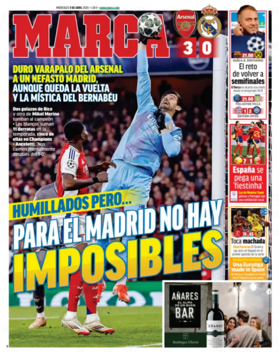 THERE ARE NO IMPOSSIBILITIES FOR MADRID HARSH BLOW FROM ARSENAL TO A DISASTROUS MADRID, ALTHOUGH THE SECOND LEG AND THE BERNABÉU MYSTIQUE REMAIN Ma...
