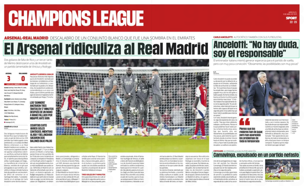 Spanish media stunned by Arsenal masterclass in Madrid rout 3 Arsenal ridicule Real Madrid Two stunning free-kicks from Rice and a third goal from Merino destroyed Ancelotti's side in a dreadful match for Vinicius and Rodrygo Sport, 9 Apr 2025 – Fermín de la Calle Rice scored Arsenal’s first two goals from set pieces with two impeccable strikes. Two majestic thunderbolts from Declan Rice (who had not scored a free-kick goal in the 339 matches he had played as a professional) and a left-footed strike from Mikel Merino buried a mediocre Real Madrid in London. On the night the players decided to contribute collective commitment, sacrifice and attitude, they failed in the one thing they rarely ever do — the talent to make the difference up front. When you play with fire… The glass jaw of Los Blancos, dressed in a grey that foreshadowed what was to come, turned what had been a comfortable match until the hour mark into a hecatomb that will be hard to overturn at the Santiago Bernabéu. And probably the epilogue of Carlo Ancelotti’s time as Madrid manager. ANCELOTTI, ON THE SCAFFOLD There are few situations more thankless than Ancelotti’s — hampered by injuries, his players’ indolence and exhaustion, and questioned by the stands and the boardroom. That’s how he showed up in London, placing his hopes in a lineup with Alaba, whose last game as a full-back in England ended with him called out by Klopp ("If Nacho hadn’t come on for Alaba, we would have won"). And a double pivot of Modric and Camavinga, a starting pair in just three of this season’s 51 games: the loss at Liverpool, the draw in Pamplona, and the drab win over Leganés. And still, it was probably the most balanced lineup he could field. Madrid defended with a sulky Valverde (for being used as a full-back), an exhausted Asensio, a hobbling Rüdiger, and a rusty Alaba, on whose flank Arsenal concentrated all their play. Arteta’s side attacked with midfield runners, without positional forwards, forcing Modric and Camavinga to push forward. After 14 minutes, Bosnian referee Peljto and VAR ignored a handball by Asensio — the kind that gets called as a penalty in La Liga. But Europe is Europe. Play on, play on… Real Madrid appeared more solid as the minutes passed and threatened with two counters from Vini — who had a dreadful game — and Mbappé. At the half-hour mark, Bellingham put Kylian through against Raya. The Frenchman came to crown these kinds of matches and score these goals, but he shot straight at the keeper. The first half ended with a double save from Courtois and the sense that Madrid lacked the killer blow. THREE GOALS IN 17 MINUTES Another first-time pass from Jude at the start of the second half set up Mbappé in the six-yard box, but he was at a tight angle. In the face of Vinicius’ dramatic collapse, Bellingham remained the Frenchman’s lifeline. Ancelotti’s side seemed to have cooled the London cauldron, until the 57th minute — when the match seemed most serene — a foul outside the area was called. Declan Rice drilled a curling effort toward Courtois’ post, who watched it go in because there seemed to be a man missing from the wall and Valverde turned inward. THE GUNNERS SCORED THREE TIMES IN 17 MINUTES AFTER MBAPPÉ MISSED A ONE-ON-ONE WITH RAYA COURTOIS PREVENTED SEVERAL CLEAR GOALS, WHILE ALABA AND BELLINGHAM CLEARED TWO SHOTS OFF THE LINE Real Madrid were losing because their fundamentals — the goalkeeper and the No. 9 — didn’t show the usual excellence that normally decides matches. Arsenal grew in confidence, driven by their animated fans, and turned the end-to-end flow into a siege. Arteta’s men were swatting at a mediocre Madrid when another foul on the edge of the area was called and the sequence repeated itself. Rice unleashed another curled missile — Rodrygo ducked, and Courtois again watched it sail in. Two set pieces (credit Nicolas Jover’s playbook), two goals. Ancelotti’s men were still licking their wounds when Merino arrived into space to slot home the third. A crushing defeat for a Madrid side without soul or aggression — the very things Mikel Arteta’s Arsenal have in abundance.