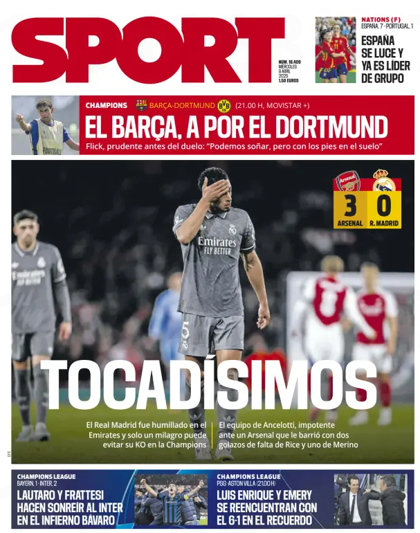 Spanish media stunned by Arsenal masterclass in Madrid rout 2 Sport front page - TOCADÍSIMOS
(Translation: Utterly rocked / Completely shaken)
Subheadline:
Real Madrid were humiliated at the Emirates and only a miracle can prevent their Champions League elimination.
Ancelotti’s team, powerless against an Arsenal that swept them aside with two free-kick goals from Rice and one from Merino.