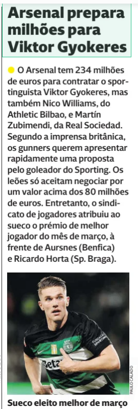Gyökeres said to favour Arsenal project as Gunners prepare €234m spending spree 5 Arsenal are preparing a major offer for Sporting striker Viktor Gyökeres, with Portuguese media confirming the Premier League side lead the race for his signature.