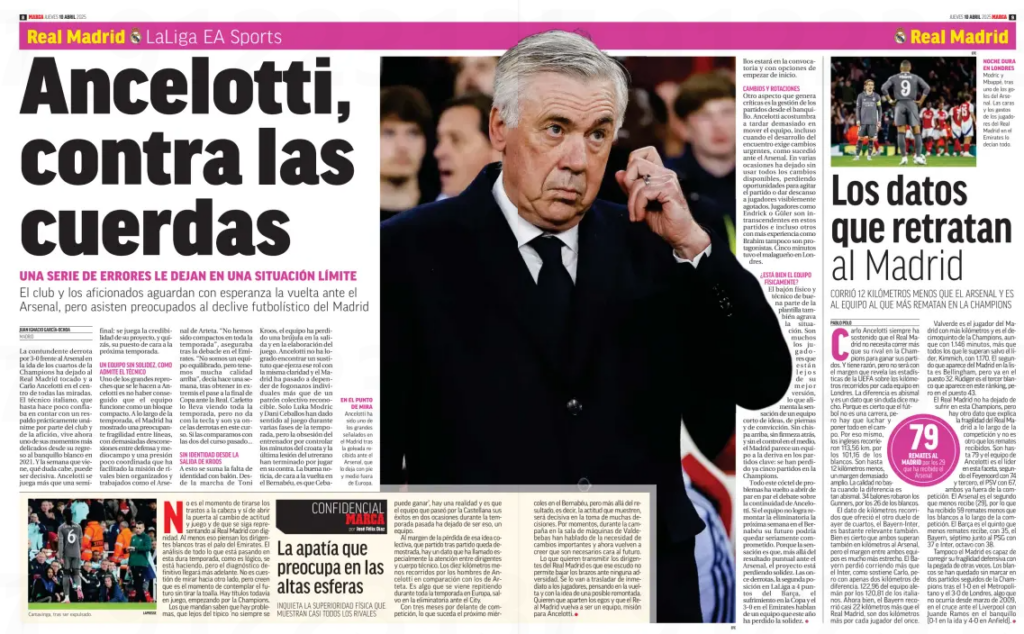 Spanish media report ‘Ancelotti on the ropes’ after Arsenal defeat 2 Spanish daily Marca intensifies pressure on Carlo Ancelotti following Real Madrid’s 3-0 defeat to Arsenal, warning his job hangs on a second-leg comeback.