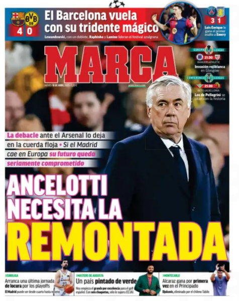 Spanish daily Marca intensifies pressure on Carlo Ancelotti following Real Madrid’s 3-0 defeat to Arsenal, warning his job hangs on a second-leg co...