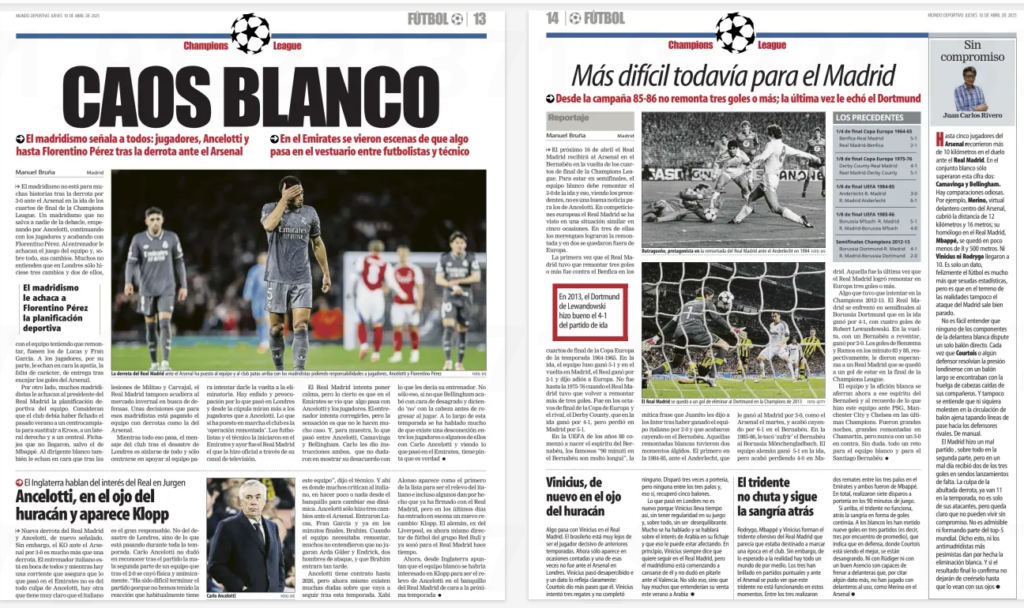 Angry fallout deepens at Real Madrid after Arsenal defeat 2 White chaos Mundo Deportivo (At. Madrid) Manuel Bruña Madrid 10 Apr 2025 PHOTO: EFE The defeat of Real Madrid against Arsenal has turned the team and club upside down, with Madrid fans demanding accountability from the players, Ancelotti, and Florentino Pérez. Madridismo is in no mood for excuses after the 3-0 loss to Arsenal in the first leg of the Champions League quarter-finals. No one is spared from the debacle—starting with Ancelotti, continuing with the players, and ending with Florentino Pérez. The coach is blamed for the team’s play and, above all, his substitutions. Many do not understand why in London he made only three changes, two of which, with the team needing a comeback, were Lucas and Fran García. Madridismo blames Florentino Pérez for the club’s sporting planning. The players, for their part, are criticised for their apathy, lack of character, and lack of effort after conceding Arsenal's goals. On the other hand, many Madrid fans hold the Real Madrid president responsible for the team’s sporting planning. They believe the club should have signed a midfielder last summer to replace Kroos, a right-back, and a central defender. None of those signings arrived, except for Mbappé. The club chief is also blamed for not entering the winter market in search of defenders following the injuries to Militao and Carvajal. Decisions that, according to these Madrid fans, the team is now paying for with defeats like the one against Arsenal. While all this is going on, the club's message after the London disaster is to isolate itself from everything and focus solely on supporting the team to try to turn the tie around. There is anger and concern about what happened in London, and at the top of the club, the focus is more on the players than on Ancelotti. What the club has put into motion, however, is the "remontada operation." The players and coach started it at the Emirates, and yesterday Real Madrid made it official through their television channel. Real Madrid is trying to calm things down, but the truth is that something is clearly wrong between Ancelotti and the players. The coach tries to correct them, but the feeling is that they don’t pay much attention to him. A clear example is what happened between Ancelotti, Camavinga, and Bellingham. Carlo gave instructions to both, who did not hesitate to show their disagreement with what their coach was telling them. Not only that, Bellingham ended up with a look of displeasure and shook his head saying "no" before returning to the pitch. Throughout this season, there has been much talk of a disconnect between the players—or at least some of them—and Carlo Ancelotti, and judging by what happened at the Emirates, it seems to be true.
