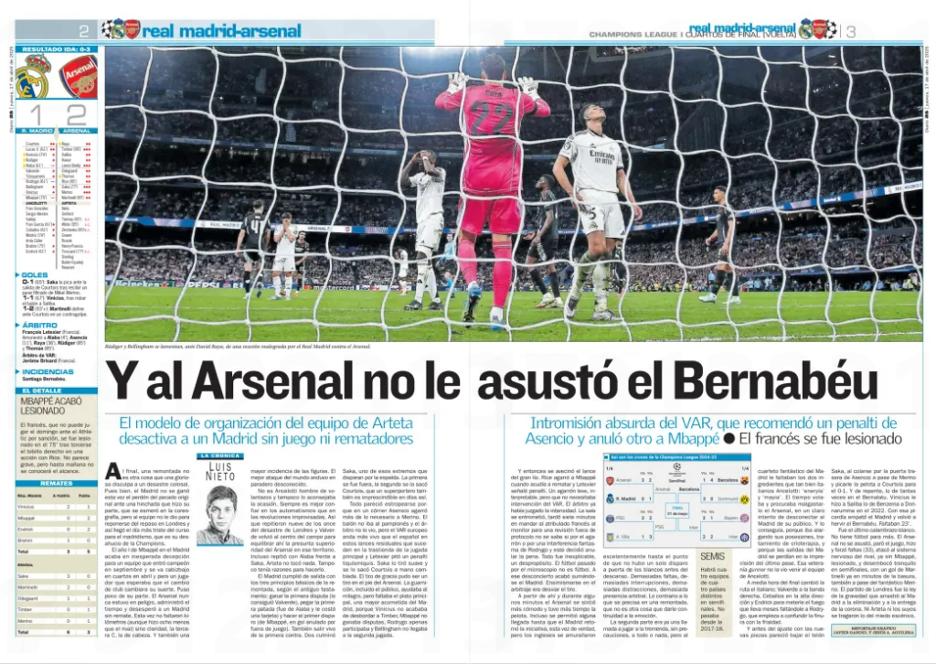 And Arsenal wasn’t scared of the Bernabéu Arteta’s team structure shuts down a Madrid side with no game or finishers ● The Frenchman left injured By LUIS NIETO | Photos: JAVIER GANDUL and JESÚS A. AGUILERA In the end, a comeback is nothing more than a glorious excuse for a colossal disaster. Well, Madrid didn’t earn forgiveness for its original sin this time in front of a fanbase that did its part, perfected the choreography, but the team couldn’t recover from the thrashing in London. And thus came the saddest day of the season for Madridismo: their eviction from the Champions League. Mbappé’s first year at Madrid ends in unexpected disappointment for a team that entered the competition as champions in September and bowed out in the quarterfinals in April — and for a player who hoped changing clubs would change his luck. He did little to help. Arsenal was never in danger, managed the game, and frustrated a Madrid side with no finishing. This time, it wasn’t about distance covered (they ran eight kilometres less than Arsenal), but about clarity — the third “C”, for cabeza (head). They also lacked impact from their stars. The world’s best attack was nowhere to be found. Ancelotti is not one for wild changes, and the occasion didn’t call for them. It’s better to trust automatisms than to improvise revolutions. So nine of the eleven who started the disaster in London played again, with Valverde returning to the midfield to try to counter Arsenal’s presumed superiority in that area. He even stuck with Alaba against Saka. Arteta didn’t change anything. Nor did he have a reason to. Madrid ticked off the three commandments of a comeback from the Old Testament: win the first challenge (Valverde did), commit the first foul (Alaba, who was booked), and take the first shot (Mbappé, disallowed for offside). Also, survive the first counterattack — Saka finished two. The first went wide, the second was saved by Courtois, proving a top-class goalkeeper is essential on nights like this. Everything seemed to go wrong when Asensio grabbed Merino too aggressively at a corner. The ball wasn’t going to the Pamplona native and the referee didn’t see it, but UEFA’s VAR is more alert than La Liga’s to these background incidents. Letexier awarded a soft penalty. Saka hit it gently, and Courtois saved with his trailing hand. What should have been the final blow might have been Arsenal shooting themselves in the foot. The stage, including the crowd, was ready for a miracle — but Madrid lacked the main course: real pressure. Vinicius couldn’t beat Timber, Mbappé lost duels, Rodrygo was absent, and Bellingham never arrived at second balls. Absurd VAR interference saw one penalty given for Asensio’s foul and another cancelled against Mbappé. Then came the moment of chaos. Rice tugged on Mbappé as he was about to shoot, and Letexier pointed to the spot. A slight, debatable pull that didn’t warrant VAR. The referee had already judged the contact. But the booth got involved, took seven minutes to send the beleaguered Frenchman to the monitor for a non-protocol review — unclear if for the pull or a phantom interference from Rodrygo — and he reversed his decision. It was all inexplicable, a mess. Football under a microscope is no longer football. Madrid got sucked into the confusion. Focusing on referees only deflects from your own failings. From then on, Arsenal felt more comfortable and had more of the ball. They even created chances until Madrid finally took the initiative — for real this time — but the English side defended superbly. Madrid didn’t manage a single shot on target before halftime. Too many fouls, too many stoppages, too many distractions, too much referee presence. The opposite of what a comeback needs: emotional continuity. The second half was now a call to go all out, all or nothing, but Madrid’s “Fantastic Four” lacked the two ingredients Ancelotti always Italianises so well: "eneryía" and "mayia". Time was flying, and Arsenal tried to waste it, clearly aiming to disconnect Madrid from their crowd. And they succeeded by extending their possessions — cryotherapy treatment — and Madrid’s attacks fell apart with poor final passes. Ancelotti’s team didn’t see Arsenal’s veteran savvy coming. With half an hour left, the Italian changed tack: Valverde moved to the right wing, Ceballos took control, and Endrick was introduced to bring the fire that Rodrygo has been missing for months, confusing finesse with coldness. But before the new pieces could settle, the curtain came down. Saka slipped past Asensio at the back post from a Merino pass and chipped Courtois for 0–1. Then came the familiar Bernabéu chaos. Vinicius pulled a Benzema-Donnarumma 2022 on Saliba, robbing him and scoring into an empty net. The Bernabéu roared again. There were 23 minutes left. That was Madrid’s last jolt. They didn’t have any more football in them. Arsenal weren’t scared, killed the tempo, committed and drew fouls (33), attacked the opponent’s nerves — now without Mbappé, who was injured — and strolled into the semifinals with a late Martinelli goal, again assisted by the fantastic Merino. The London leg was the law of gravity that dragged Madrid to elimination and surrendering the crown. Neither Arteta nor his players bought into the myth of the Bernabéu’s fear factor.