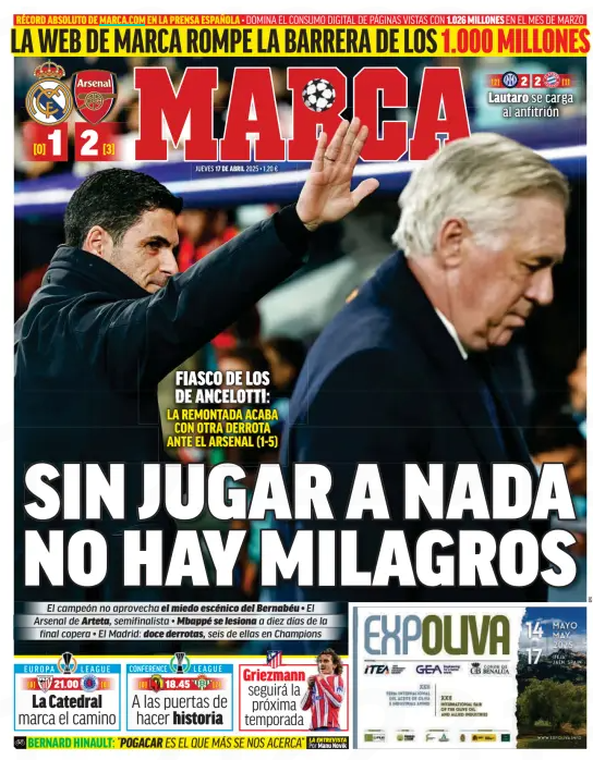 WITHOUT PLAYING ANY FOOTBALL, THERE ARE NO MIRACLES Fiasco for Ancelotti’s side: the comeback ends with another defeat to Arsenal (1–5) Ten days away from the cup final • Mbappé injured • Madrid: twelve defeats, six of them in the Champions League The reigning champions fail to take advantage of the Bernabéu's fear factor • Arteta’s Arsenal reach the semifinals