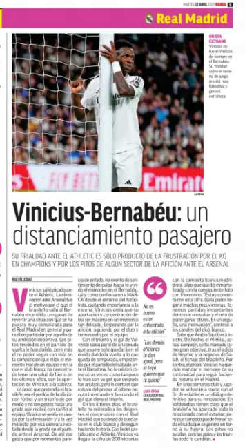 Arsenal’s Champions League win leaves lasting impact on Real Madrid 2 Vinicius-Bernabéu: a temporary distancing
His coldness against Athletic is only the result of frustration over the Champions League KO and the whistles from some sections of the crowd against Arsenal
Marca Bilbao, 22 April 2025
José Félix Díaz, former Real Madrid player
LaPresse
A strange day
Vinicius was not the usual Vinicius at the Bernabéu. His coldness on the pitch was very striking and caused confusion.
Vinicius came out stung against Athletic. The elimination against Arsenal was the reason the Brazilian came out at the Bernabéu fired up, eager to turn around a situation that has become very complicated for Real Madrid in general and for him in particular because of his sporting ambition. The whistles he received in the second leg hurt him, but more painful was not being able to stay alive in the competition that truly measures a team’s current level, a competition in which the white club has shown iron health in recent years, with Vinicius as a leading contributor.
All the Brazilian wanted was forgiveness from the fans through football and a victory, not with gestures toward a crowd that had warmly welcomed the team. Vinicius felt indebted because of the elimination and at the same time upset by the criticism he received from the stands in the match against Arsenal. Hence that gesture that at times seemed like anger, not without a sense of guilt for what was experienced on Wednesday at the Bernabéu, as confirmed to Marca by those close to the player, downplaying the incident. Vinicius believed that his contribution and focus needed to be at their highest in such a delicate moment. Starting with the fans, continuing with the club, and ending with the team.
With the win and Valverde’s goal, he settles part of a debt he assumes will only be forgotten by turning around the rest of the season, starting with Saturday’s match against Barcelona. He didn’t celebrate like he usually does, nor did he with the goal that was later disallowed, but the truth is that he spent the entire match trying and searching for the goal that would bring victory.
In recent days, the Brazilian has reiterated to the directors his commitment to Real Madrid, his desire to stay at the white club, and to continue making history. With the match against Athletic, Vinicius now reaches the milestone of 200 victories wearing the white Madrid shirt, something that was immortalized with a photo with Florentino.
“I’m happy with this number. Hopefully I can reach many more victories. We have important matches in the next few days and the challenge of being able to win titles. It’s a source of pride, a motivation,” he said to the club’s official media channels.
He knows Saudi Arabia will keep trying. In fact, Al Hilal, the current champion, has set him as their main target following Neymar’s departure and Salah’s refusal. On the other hand, Vinicius himself has wanted to send the message of his continuity to continue making history at Madrid.
In the coming weeks, club and player will meet again to establish a final dialogue for his renewal. At Valdebebas, they are clear that the Brazilian has set aside everything related to the outside world, but that he also cannot silence all the noise generated around him. The whistles don’t help, but goals and victories change everything.