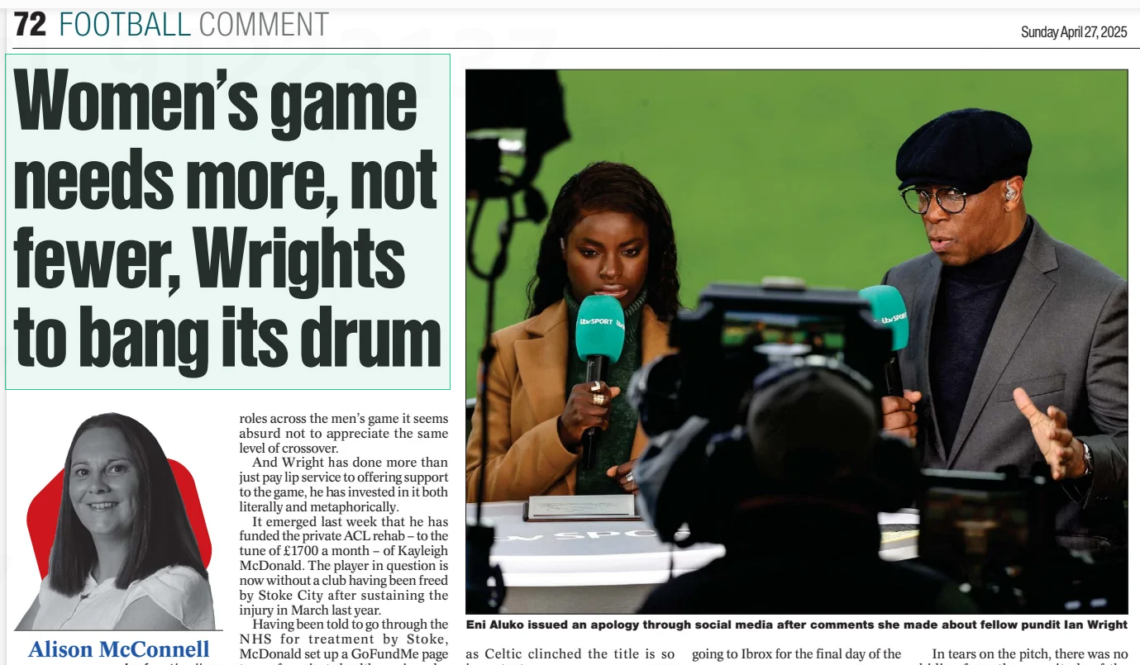 Women’s game needs more, not fewer, Wrights to bang its drum The Herald27 Apr 2025Alison Mcconnell on women’s football Eni Aluko issued an apology ...