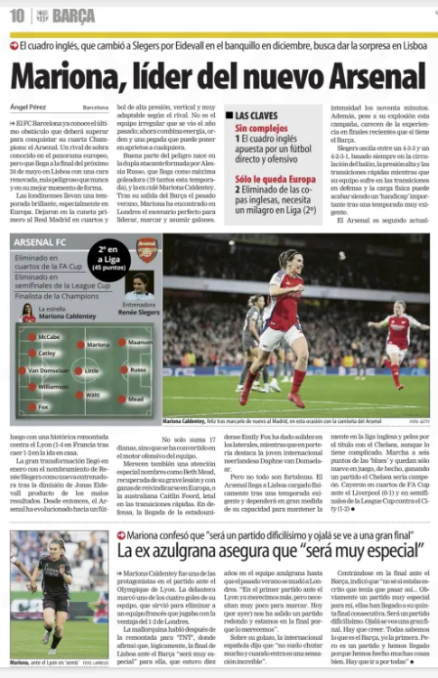 Mariona, leader of the new Arsenal The English side, who replaced Slegers with Eidevall on the bench in December, seeks to spring a surprise in Lisbon Mundo Deportivo (At. Madrid) 29 Apr 2025 Ángel Pérez Photo: Getty Mariona Caldentey, happy after scoring again against Madrid, this time wearing the Arsenal shirt. FC Barcelona already knows the last obstacle it must overcome to conquer its fourth Champions League: Arsenal. A rival well known on the European scene, but arriving at the final on May 24 in Lisbon with a renewed face, more dangerous than ever and at their best form. The Londoners are having a brilliant season, especially in Europe. They first knocked out Real Madrid in the quarterfinals and then achieved a historic comeback against Lyon (4-1 in France after losing 1-2 at home in the first leg). The major transformation came in January with the appointment of Renée Slegers as the new coach after the resignation of Jonas Eidevall due to poor results. Since then, Arsenal has evolved towards high-pressing football, vertical and very adaptable depending on the opponent. It is not the irregular team seen last year; now it combines energy, order, and a punch that can trouble anyone. A good part of the danger comes from the attacking duo formed by Alessia Russo, arriving as top scorer (19 goals this season), and the former Barça player Mariona Caldentey. After her departure from Barça last summer, Mariona has found in London the perfect stage to lead, score, and take on a major role. She has not only scored 17 goals but has also become the offensive engine of the team. Special attention should also be paid to names like Beth Mead, recovered from her serious injury and eager to make her mark again in Europe, or the Australian Caitlin Foord, lethal on quick transitions. In defense, the arrival of the American Emily Fox has provided solidity on the flanks, while in goal the young Dutch international Daphne van Domselaar stands out. But not everything is strength. Arsenal arrives in Lisbon physically burdened after a demanding season and will depend greatly on their ability to maintain intensity over the ninety minutes. In addition, despite their explosion this season, they lack the recent final experience that Barça has. Slegers shifts between a 4-3-3 and a 4-2-3-1, always based on ball circulation, high pressing, and quick transitions, while her team struggles in defensive transitions, and the physical load could end up being a significant handicap after a very demanding season. Arsenal is currently second in the English league and is fighting for the title with Chelsea, although it looks complicated. They are six points behind the Blues with only nine points left in play; in fact, by winning one match, Chelsea would be champions. They fell in the FA Cup quarterfinals against Liverpool (0-1) and in the League Cup semifinals against City (1-2).