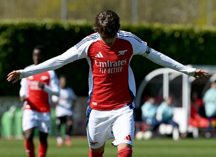 Max Dowman celebrates a goal for the Arsenal u18s (Photo via Dowman on Instagram)