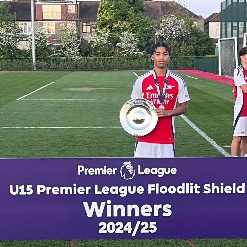Emerson Nwaneri holds the u15 Premier League Floodlit Shield for 2024/25 (Photo via Emerson Nwaneri on Instagram)