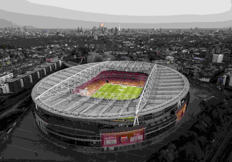 An aerial view of Emirates Stadium at dusk during a Real Madrid training session ahead of their UEFA Champions League 2024/25 quarter final first l...