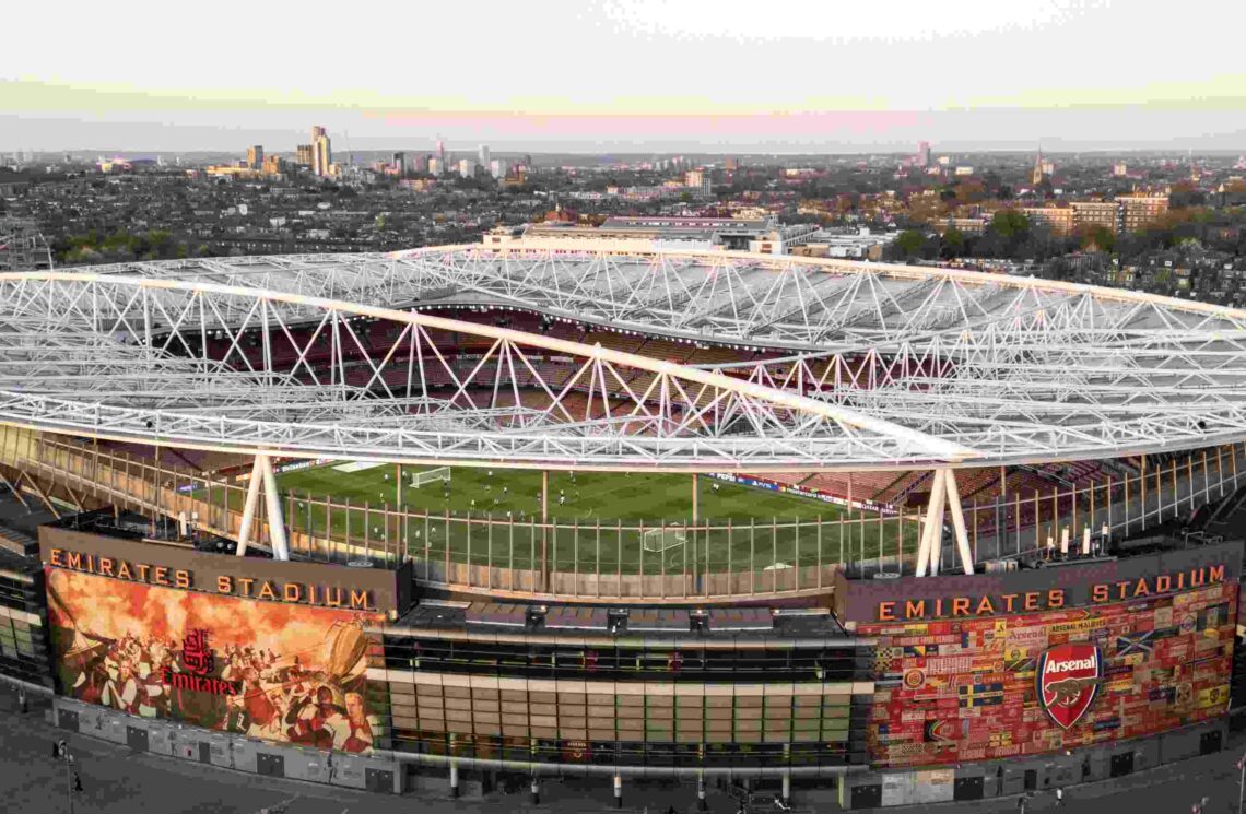 An aerial view of Emirates Stadium at dusk during a Real Madrid training session ahead of their UEFA Champions League 2024/25 quarter final first l...