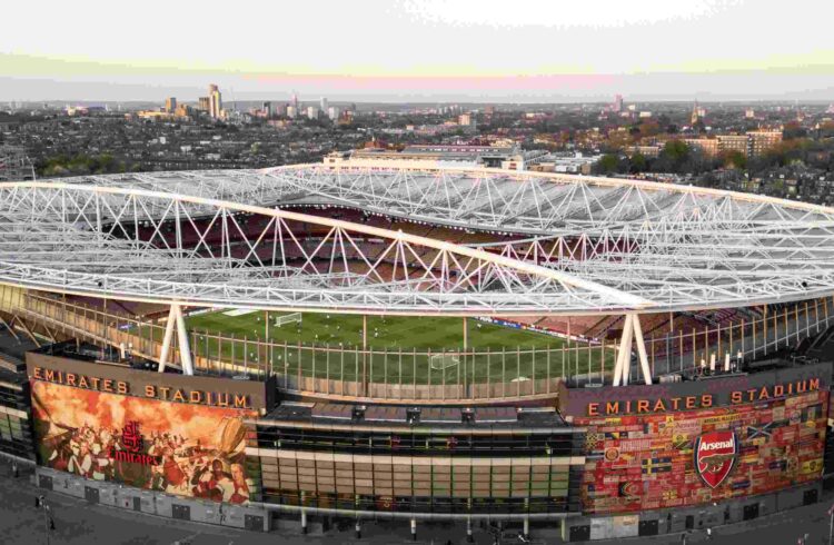 An aerial view of Emirates Stadium at dusk during a Real Madrid training session ahead of their UEFA Champions League 2024/25 quarter final first l...