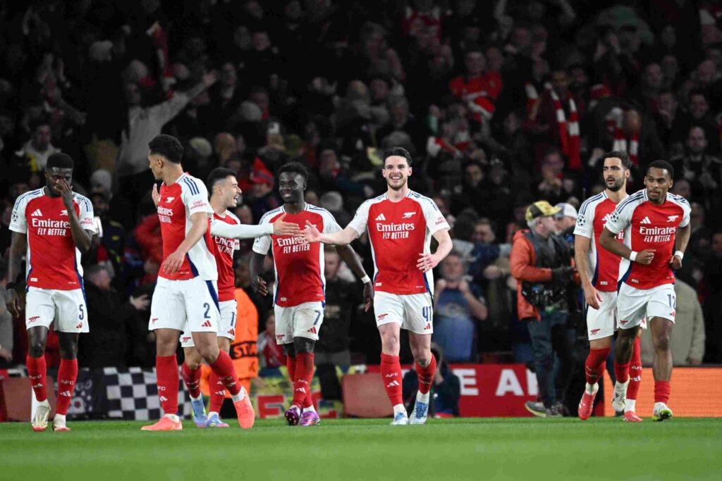 3 Brentford players injured for Arsenal trip, 2 doubts 3 Declan Rice of Arsenal celebrates scoring his team's first goal with teammates during the UEFA Champions League 2024/25 Quarter Final First Leg mat...