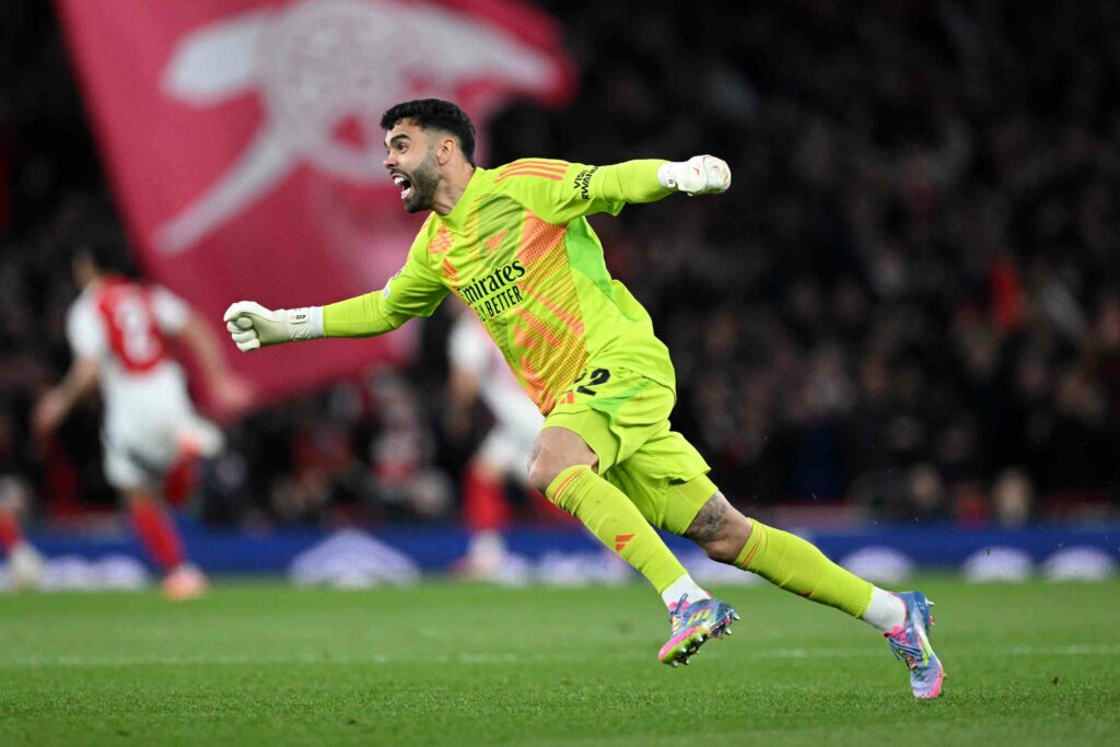 Arsenal outclass Real Madrid in historic Champions League win 4 David Raya of Arsenal celebrates after team mate Declan Rice of Arsenal (not pictured) scores his team's first goal during the UEFA Champions Leagu...
