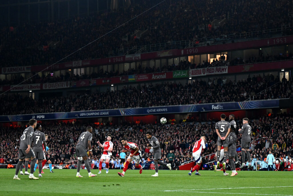 Arteta hails Arsenal fans after 'magic' Real Madrid win 2 Declan Rice of Arsenal scores his team's second goal from a free kick during the UEFA Champions League 2024/25 Quarter Final First Leg match betwee...