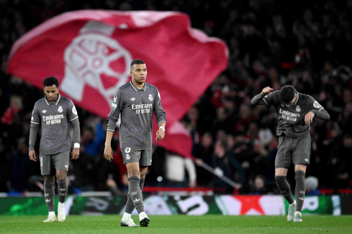 Kylian Mbappe of Real Madrid looks dejected after Mikel Merino of Arsenal (not pictured) scores his team's third goal during the UEFA Champions Lea...