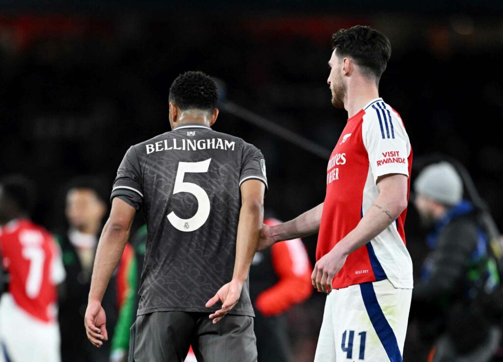 Jude Bellingham insists Arsenal tie not over & admits Real Madrid were lucky 3 Jude Bellingham of Real Madrid walks past Declan Rice of Arsenal as he offers his hand following his team's defeat in the UEFA Champions League 202...