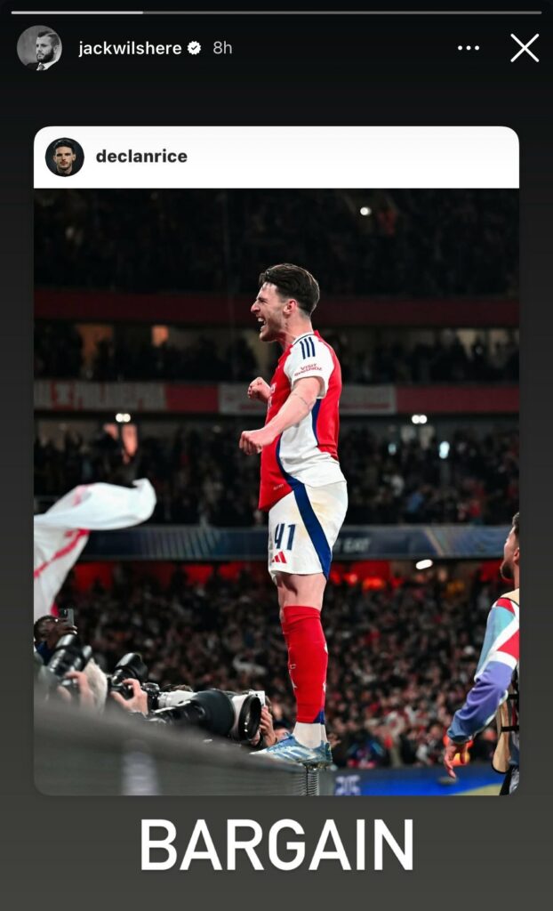 Declan Rice Champions League Player of the Week nomination after iconic Real Madrid performance 3 Jack Wilshere shares Declan Rice Instagram post with the caption "bargain"