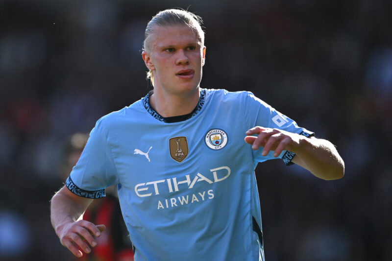 BOURNEMOUTH, ENGLAND - MARCH 30: Erling Haaland of Manchester Citylooks on during the Emirates FA Cup Quarter Final match between AFC Bournemouth a...
