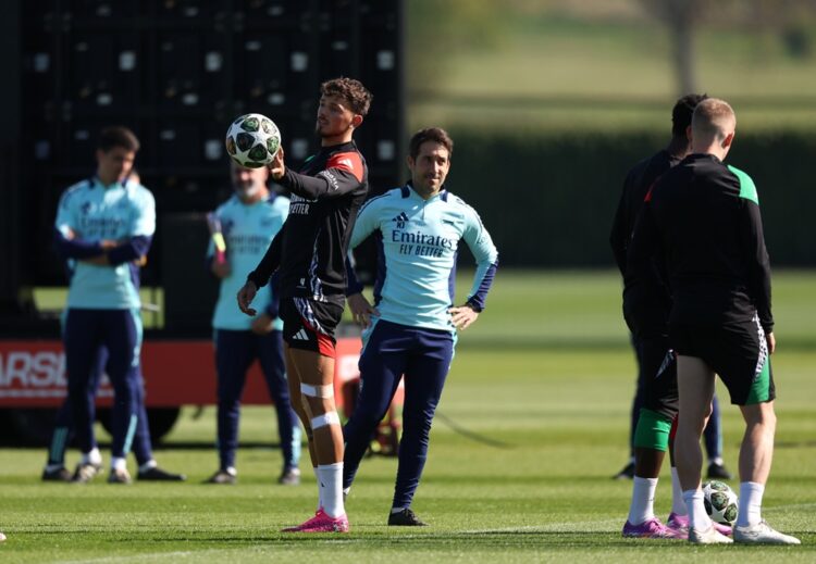 LONDON COLNEY, ENGLAND: Ben White of Arsenal reacts during a training session and press conference ahead of their UEFA Champions League 2024/25 qua...