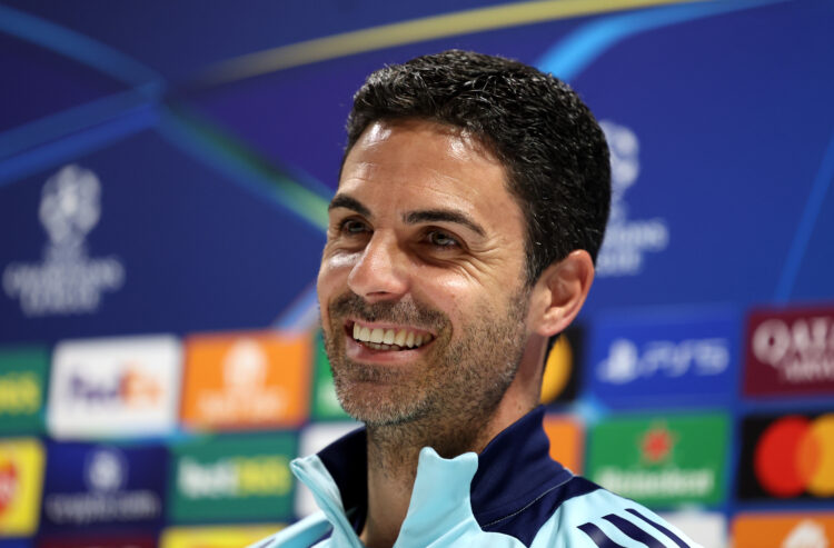 LONDON COLNEY, ENGLAND - APRIL 28: Mikel Arteta, Manager of Arsenal, looks on as he speaks to the media during a press conference ahead of their UE...