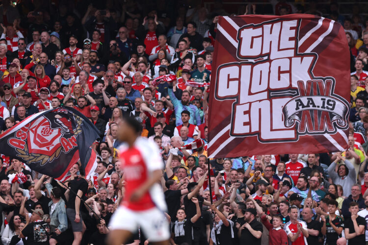 LONDON, ENGLAND - APRIL 12: A flag reading The Clock End waves during the Premier League match between Arsenal FC and Brentford FC at Emirates Stad...
