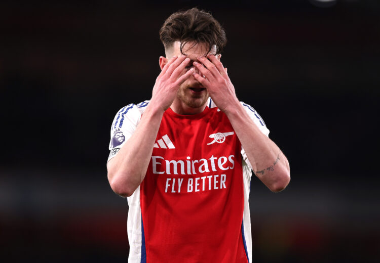 LONDON, ENGLAND - APRIL 23: Declan Rice of Arsenal reacts during the Premier League match between Arsenal FC and Crystal Palace FC at Emirates Stad...