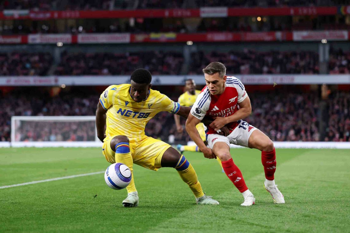 LONDON, ENGLAND - APRIL 23: Marc Guehi of Crystal Palace battles for possession with Leandro Trossard of Arsenal during the Premier League match be...
