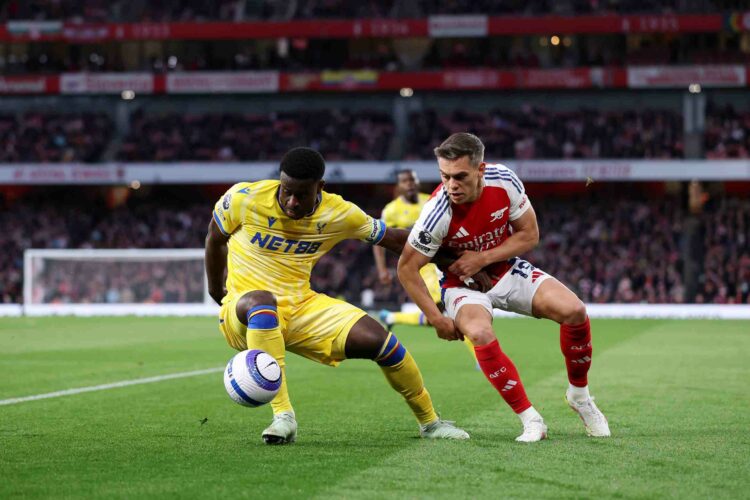 LONDON, ENGLAND - APRIL 23: Marc Guehi of Crystal Palace battles for possession with Leandro Trossard of Arsenal during the Premier League match be...