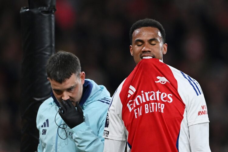 LONDON, ENGLAND: Gabriel of Arsenal looks dejected as he leaves the pitch after picking up an injury during the Premier League match between Arsena...