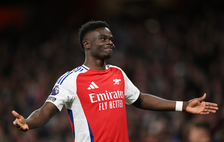 LONDON, ENGLAND - APRIL 01: Bukayo Saka of Arsenal celebrates scoring his team's second goal during the Premier League match between Arsenal FC and...