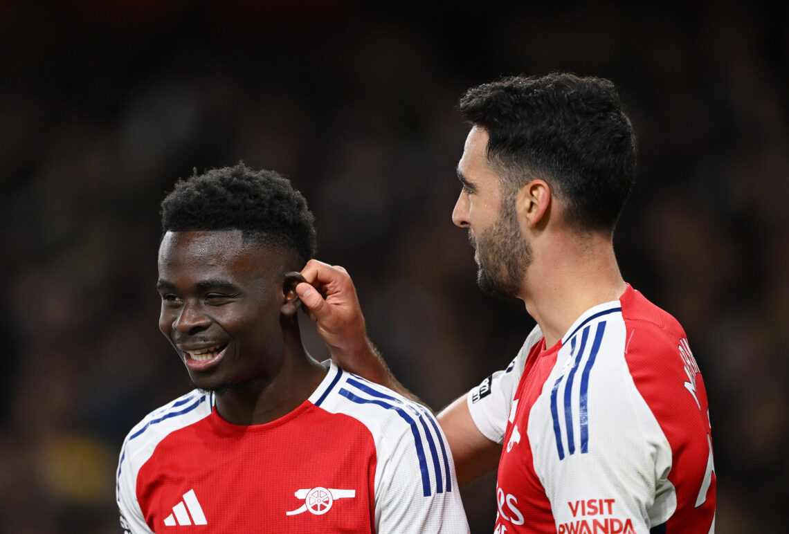 LONDON, ENGLAND - APRIL 01: Bukayo Saka of Arsenal celebrates scoring his team's second goal with teammate Mikel Merino during the Premier League m...