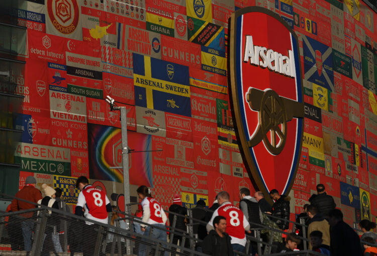 LONDON, ENGLAND - APRIL 01: General view outside the stadium featuring the Arsenal club badge prior to the Premier League match between Arsenal FC ...