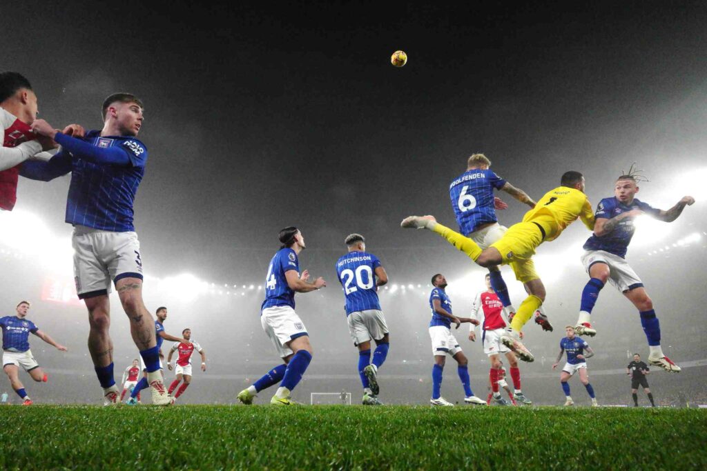 Ipswich Town v Arsenal preview: Injury news & match stats 5 LONDON, ENGLAND - DECEMBER 27: Kalvin Phillips, Arijanet Muric and Luke Woolfenden of Ipswich Town compete for the ball from a corner during the Premier League match between Arsenal FC and Ipswich Town FC at Emirates Stadium on December 27, 2024 in London, England. (Photo by Justin Setterfield/Getty Images)
